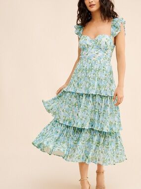 Rachel Parcell Sweetheart Neck Corset Pleated Ruffle Tiered Floral Midi Dress